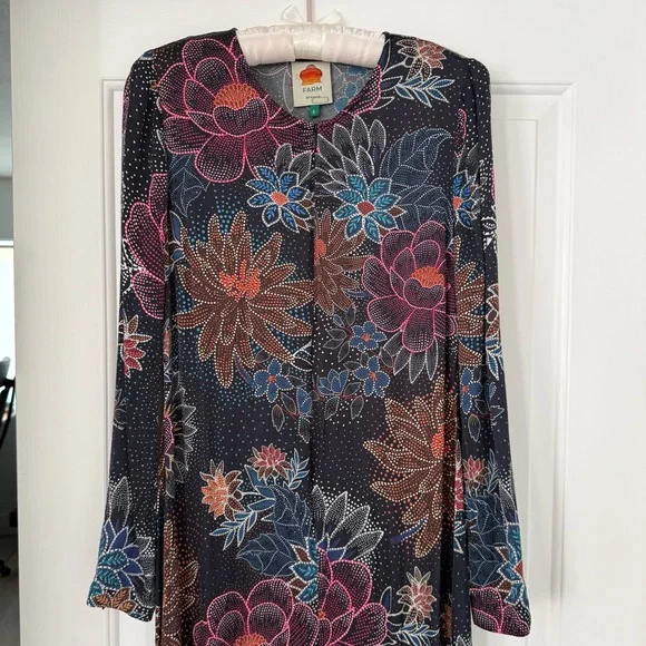 FARM Rio Blue Floral Dot Print Satin Maxi Dress - Long Sleeve, Size S - Picture 9 of 16